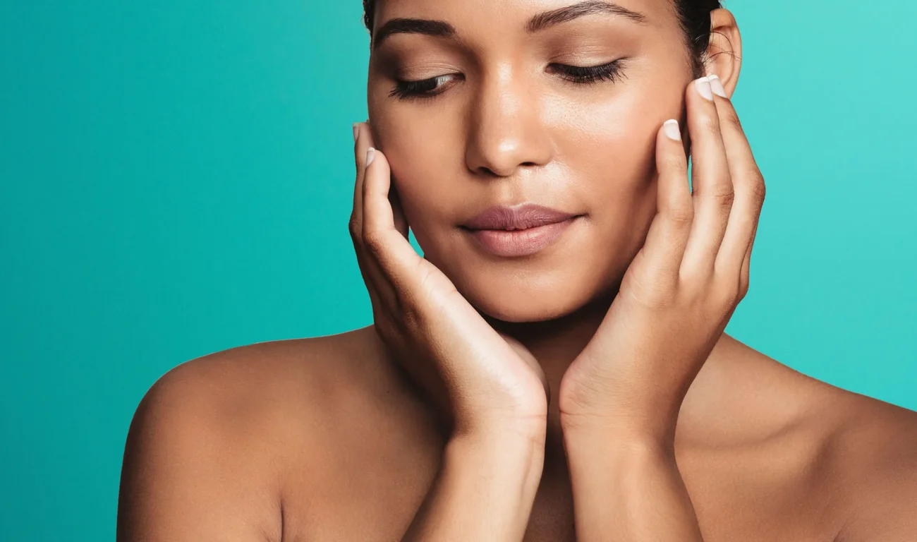 Woman touching her face against a teal background for Morpheus8 skin remodelling in London